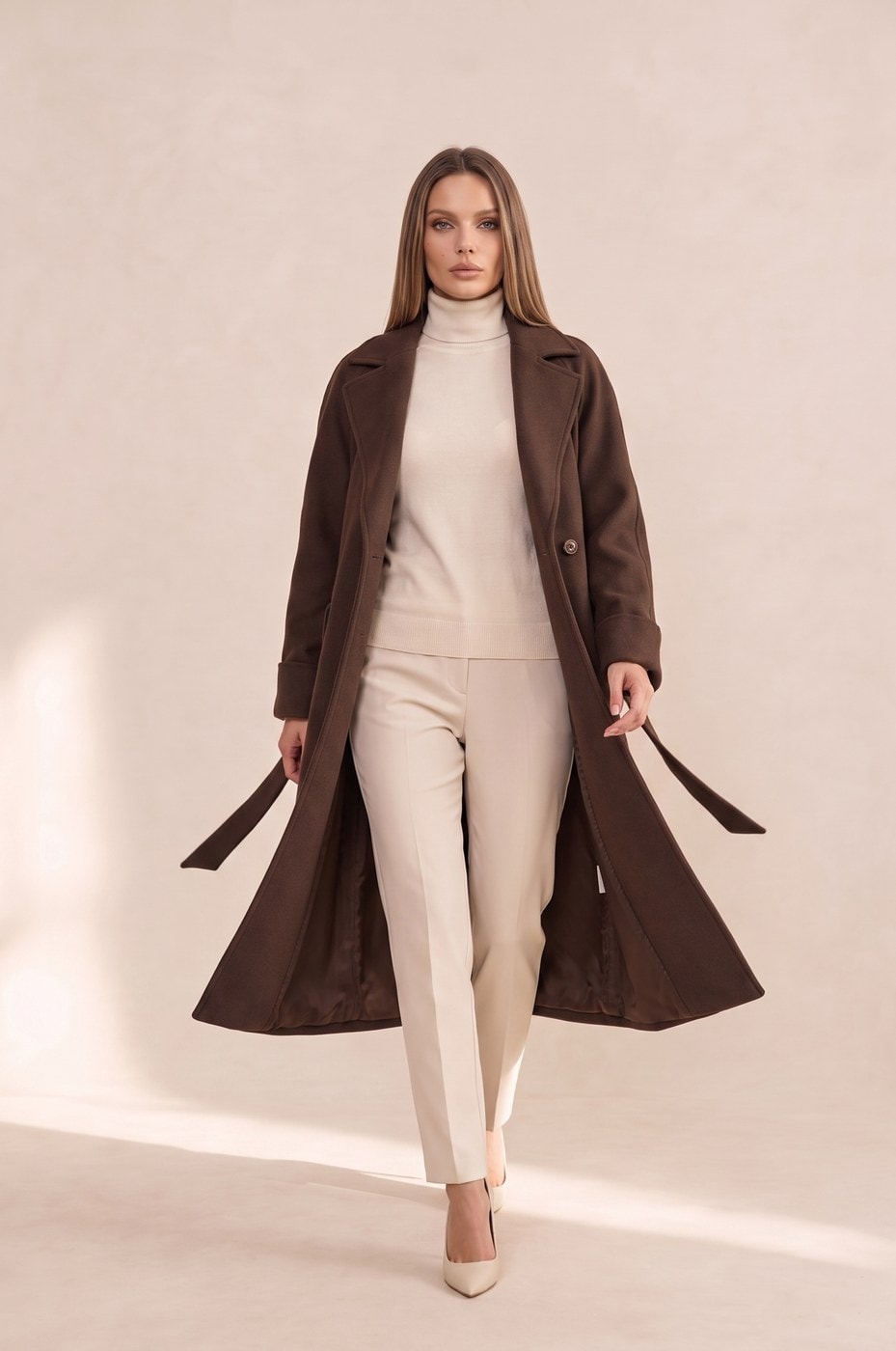 Long Belted Coat — Brown, view 2
