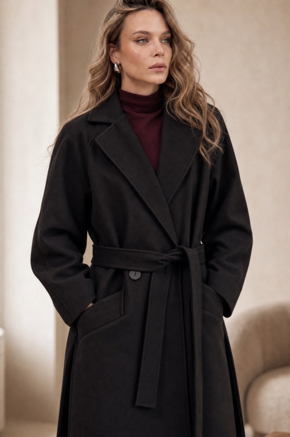 Long Belted Coat — Black, view 5