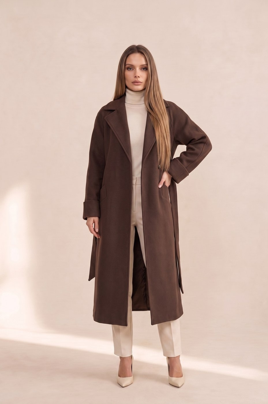 Long Belted Coat — Brown, view 4
