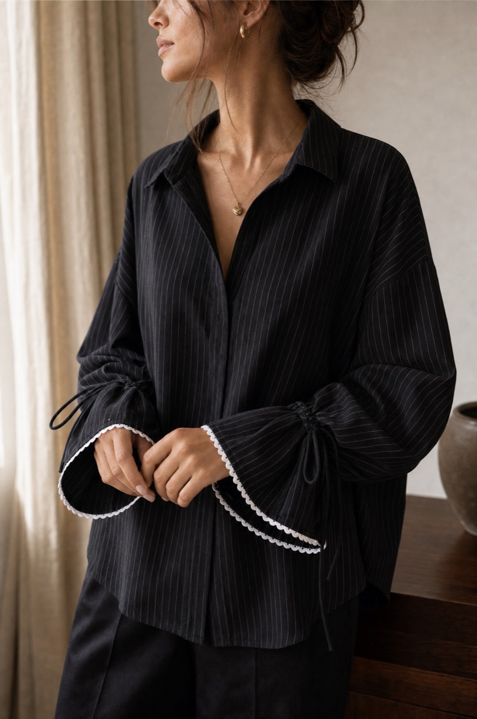 Lace Oversized Shirt — Black pinstripe, view 5