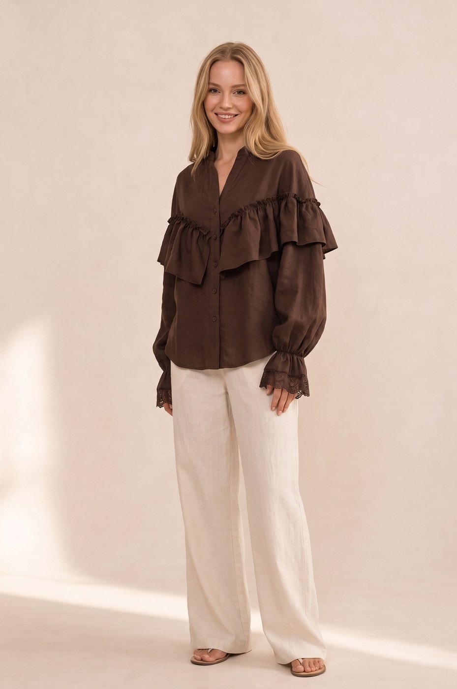 School Ruffle Blouse — Brown
