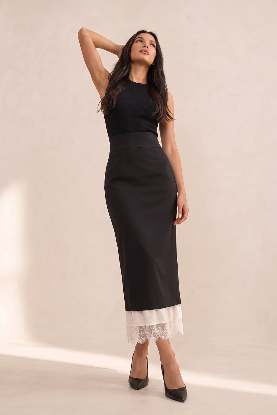 Lace-Hem Pencil Skirt — Black, view 4