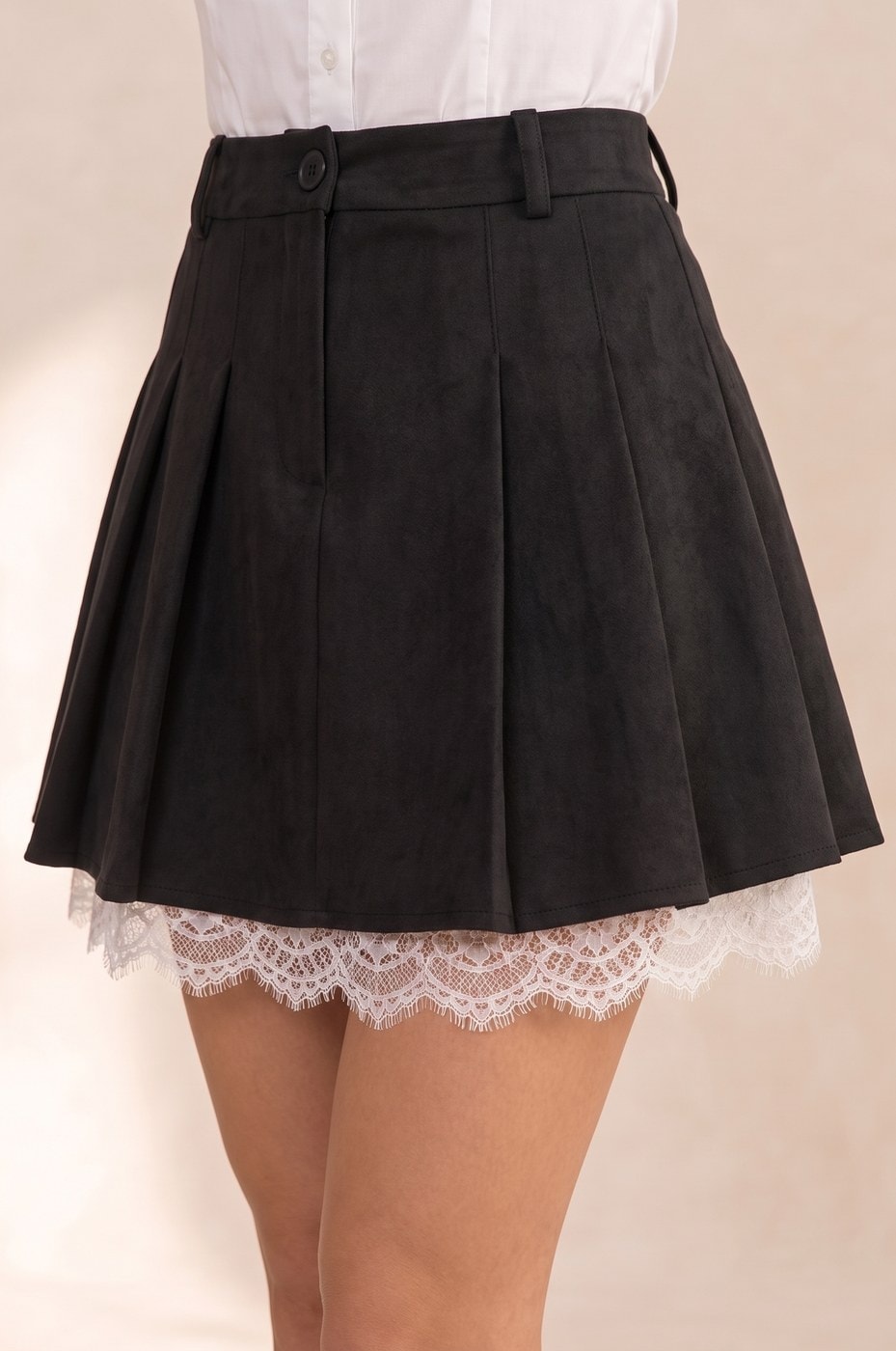 Pleated Suede Mini Skirt — Black, view 4