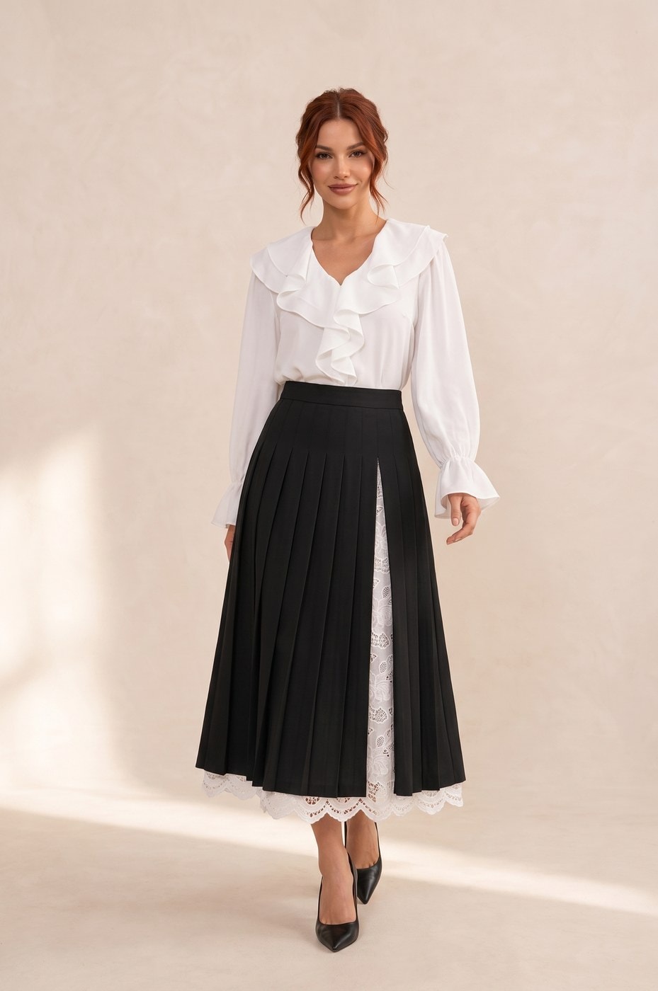 Long Pleated Lace Skirt — Black