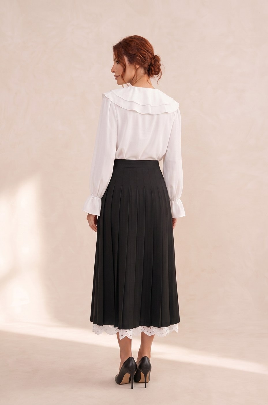 Long Pleated Lace Skirt — Black, view 3