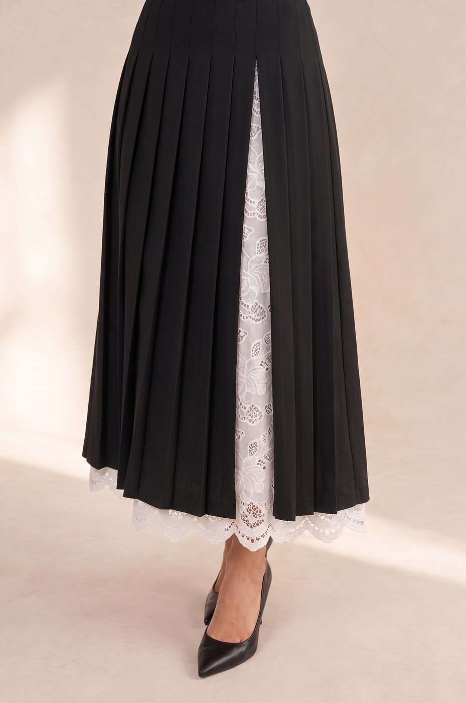 Long Pleated Lace Skirt — Black, view 4