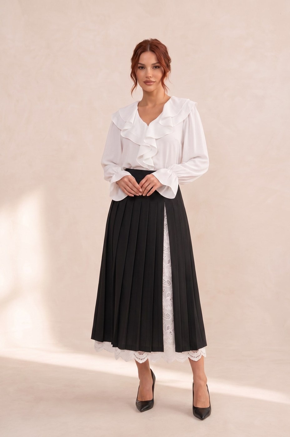 Long Pleated Lace Skirt — Black, view 2