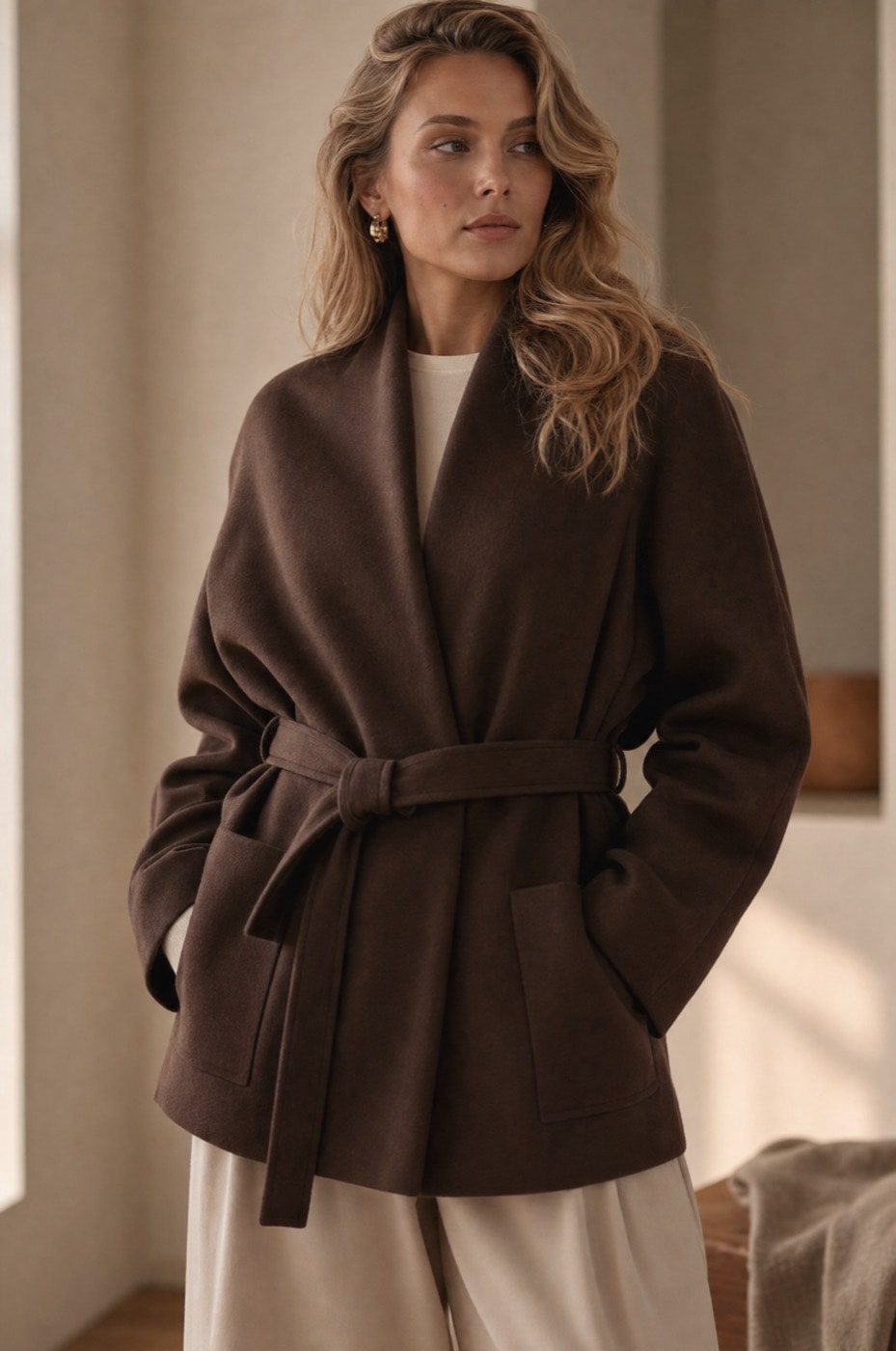 Draped Kimono Coat — Camel, view 5