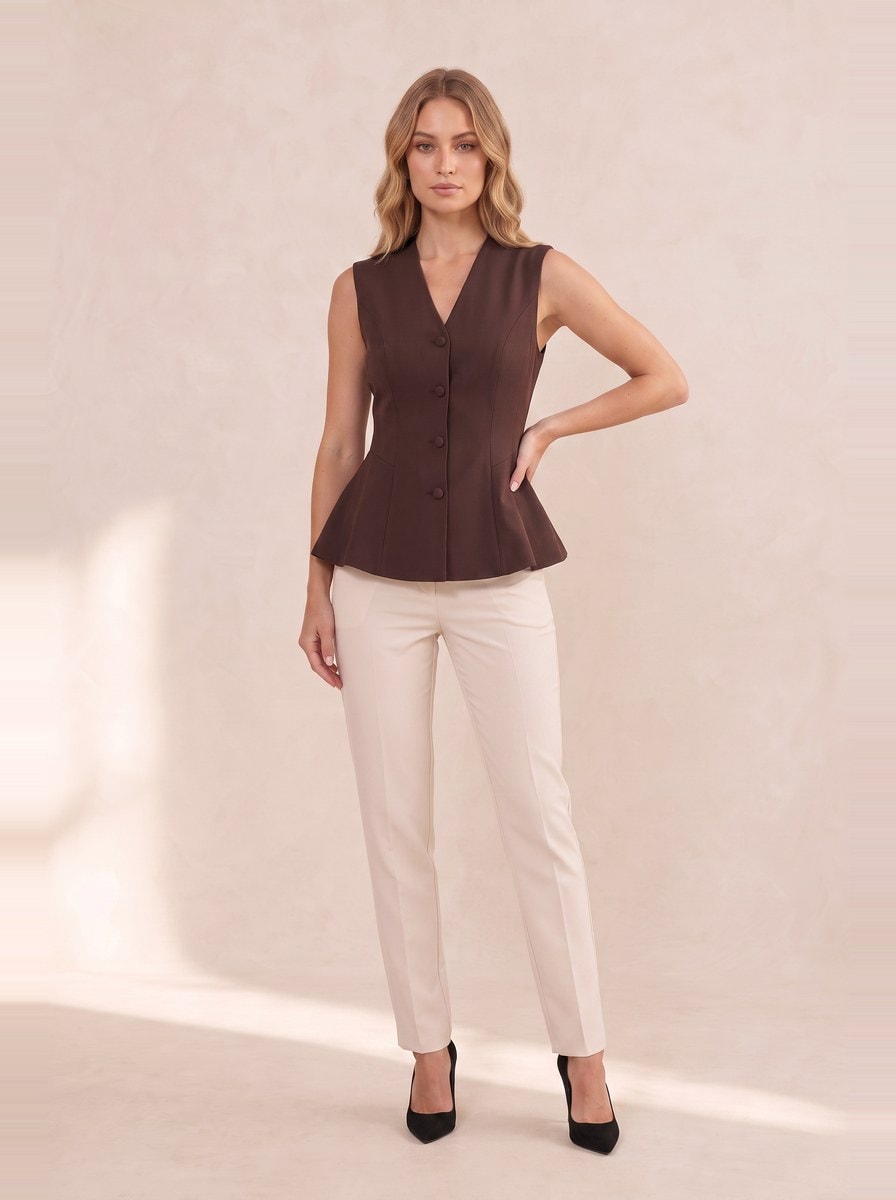 Peplum Suit Vest — Brown, view 2
