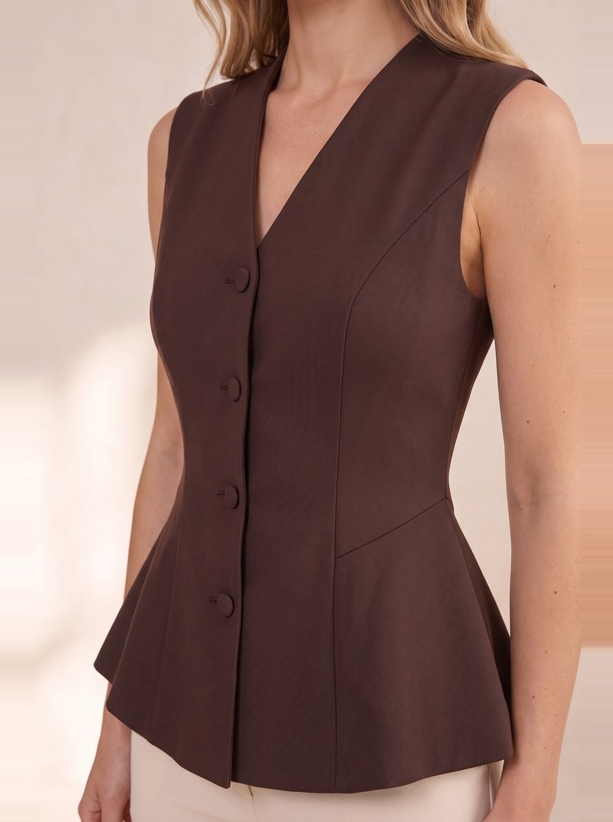 Peplum Suit Vest — Brown, view 5